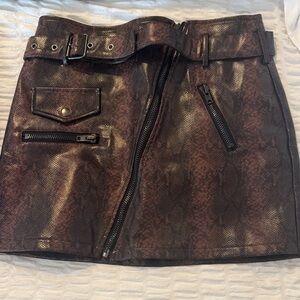 Faux Leather Brown Metallic Mini Skirt with Belt